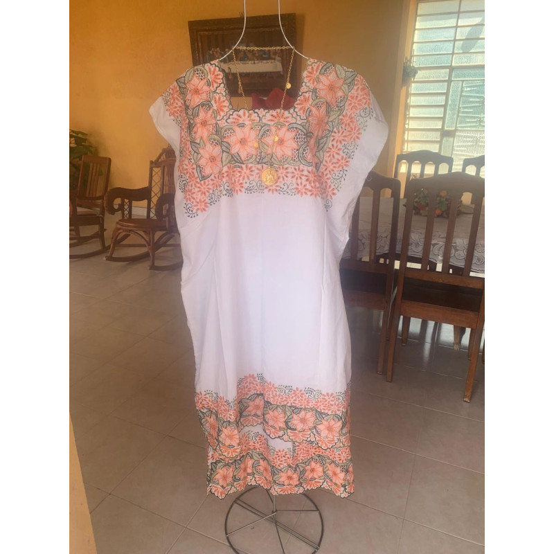 Hipil bordado (2 piezas) de renacimiento matizado con justan naranja